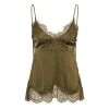 Militærgrøn Gestuz camisole top i genanvendt polyester med fine gennemsigtige blonder og justerbare stropper